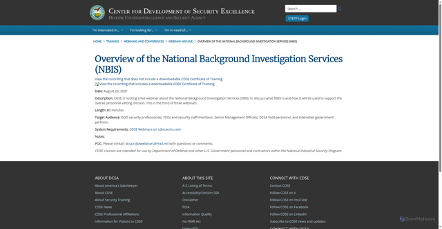Security scan screenshot of https://www.cdse.edu/Training/Webinars-and-Conferences/Webinar-Archive/-Overview-of-the-National-Background-Investigation-Services-NBIS/