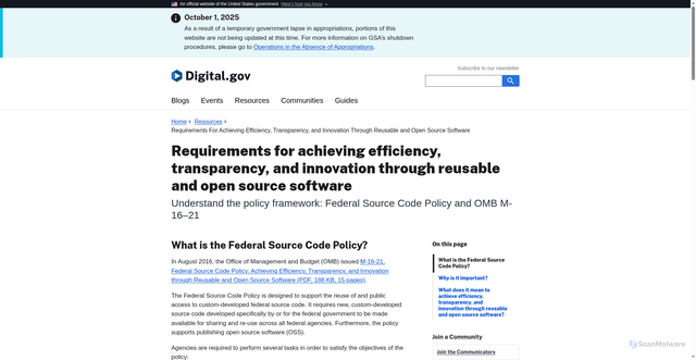 Security scan screenshot of https://digital.gov/resources/requirements-for-achieving-efficiency-transparency-and-innovation-through-reusable-and-open-source-software/