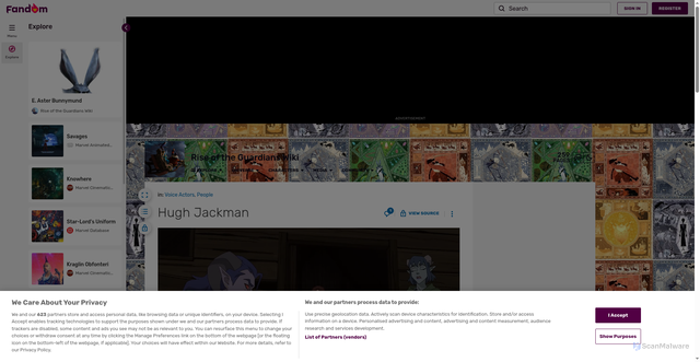 Security scan screenshot of https://riseoftheguardians.fandom.com/wiki/Hugh_Jackman