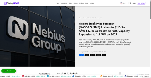 Security scan screenshot of https://www.tradingnews.com/news/nebius-stock-price-forecast-nasdaq-nbis-rockets-to-110-usd-after-17b-usd-microsoft-ai-pact