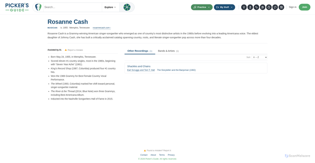 Security scan screenshot of https://pickersguide.com/musician/rosanne-cash/