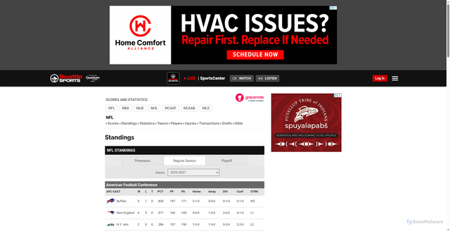 Security scan screenshot of https://seattlesports.sports.gracenote.com/football/nfl/standings