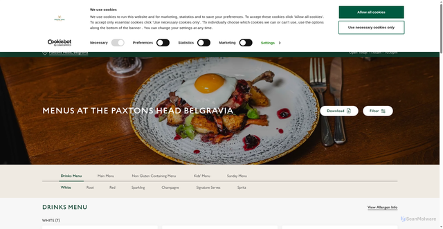 Security scan screenshot of https://www.greeneking.co.uk/pubs/greater-london/paxtons-head/menu?td_id=22f8501baf30b3bf9d0a3470fb6c334286c43d0f92e3eb2d8a902009f6742c23&utm_source=braze&utm_medium=email&utm_campaign=ht_auto_welcome_2501-stage-3&utm_keyword=email&utm_content=header_nav_menu