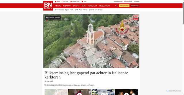 Security scan screenshot of https://www.bndestem.nl/video/productie/blikseminslag-laat-gapend-gat-achter-in-italiaanse-kerktoren-12791982