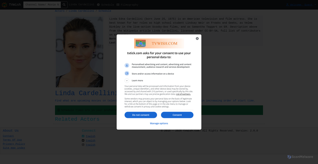 Security scan screenshot of https://tvwish.com/Celeb/Actor/Linda-Cardellini/30579/Schedule