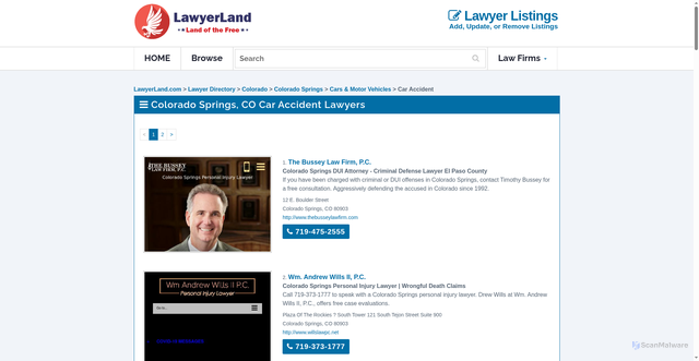 Security scan screenshot of https://www.lawyerland.com/lawyers/law-firms/motor-vehicles/car-accident/colorado-springs/co/