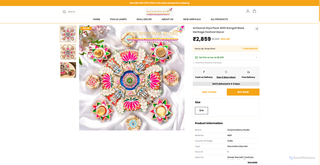 Security scan screenshot of https://kunjkreationsstudio.com/Artisanal-Diya-Pack-With-Rangoli-Base-Heritage-Festival-Decor/catalogue/3ZYfZCPI/-lVg3Ea1