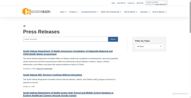 Security scan screenshot of https://doh.sd.gov/press-releases/?page=1
