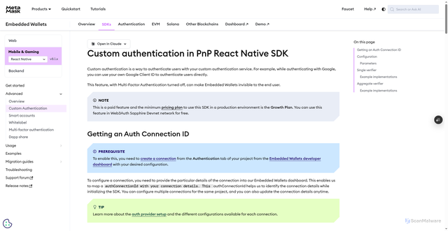 Security scan screenshot of http://metamask-docs-l8lvh00ol-consensys-ddffed67.vercel.app/embedded-wallets/sdk/react-native/advanced/custom-authentication
