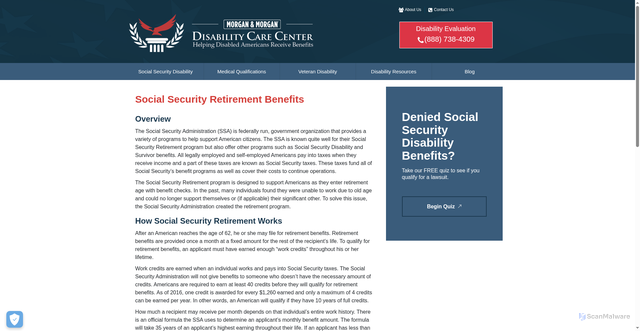 Security scan screenshot of http://test.disabilitycarecenter.org/social-security-disability/retirement-benefits/