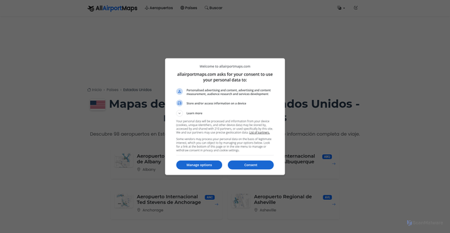 Security scan screenshot of https://allairportmaps.com/es/country/US