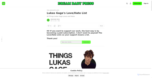 Security scan screenshot of https://dreambabypress.substack.com/p/lukas-gages-lovehate-list