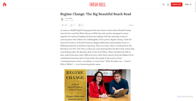 Security scan screenshot of https://tinabrown.substack.com/p/regime-change-the-big-beautiful-beach