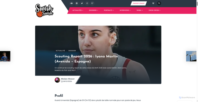 Security scan screenshot of https://www.swish-swish.net/actualite/scouting-report-2026-iyana-martin-avenida-espagne/
