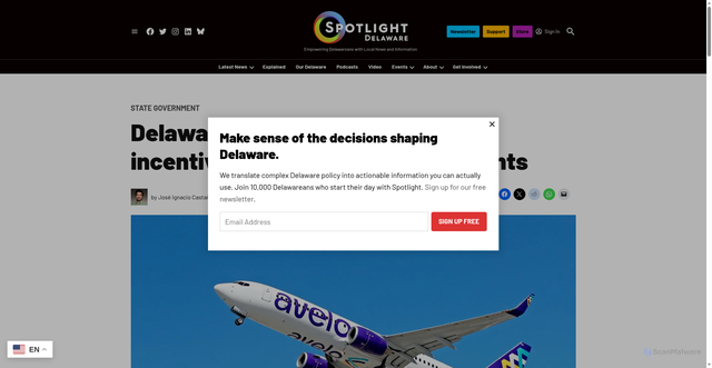 Security scan screenshot of https://spotlightdelaware.org/2025/12/18/delaware-lawmakers-to-introduce-bill-restricting-ice-friendly-airlines/