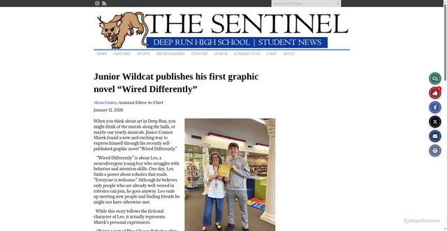 Security scan screenshot of https://deeprunsentinelonline.org/7462/features/junior-wildcat-publishes-his-first-graphic-novel-wired-differently/