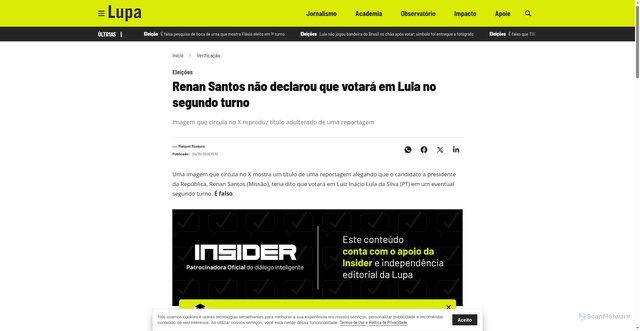 Security scan screenshot of https://www.agencialupa.org/verificacao/2026/10/04/renan-santos-nao-declarou-que-votara-em-lula-no-segundo-turno/