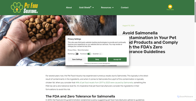 Security scan screenshot of https://petfoodsolutions.com/safety/avoid-salmonella-contamination-comply-with-fdas-zero-tolerance-guidelines/