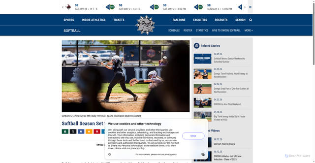 Security scan screenshot of https://swosuathletics.com/news/2026/5/1/softball-season-set-to-conclude-on-senior-weekend.aspx