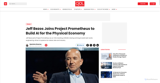 Security scan screenshot of https://www.ciol.com/news/bezos-joins-project-prometheus-to-build-ai-for-the-physical-economy-10784800
