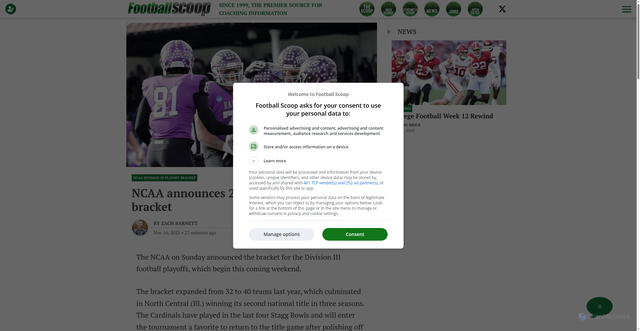 Security scan screenshot of https://footballscoop.com/2025/11/16/2025-ncaa-division-iii-football-playoff-bracket