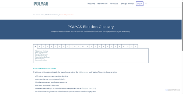 Security scan screenshot of https://www.polyas.com/election-glossary/house-of-representatives