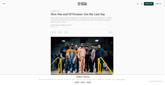 Security scan screenshot of https://www.shatterthestandards.com/p/how-nas-and-dj-premier-got-the-last