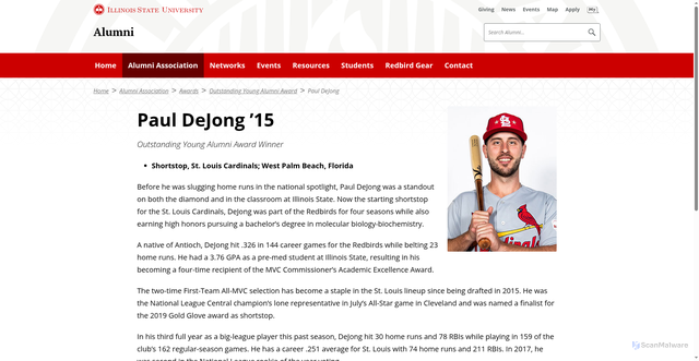 Security scan screenshot of https://alumni.illinoisstate.edu/association/awards/young/paul-dejong/