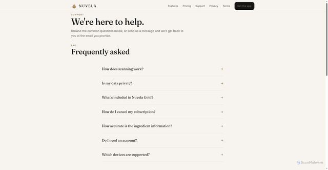 Security scan screenshot of http://asknuvela.com/support.html