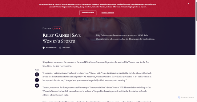 Security scan screenshot of https://www.iwfeatures.com/profile/riley-gaines/