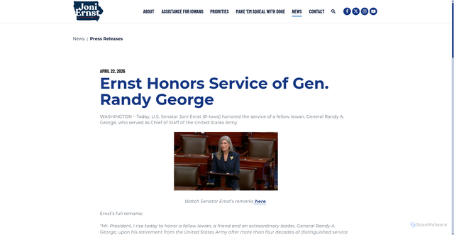 Security scan screenshot of https://www.ernst.senate.gov/news/press-releases/ernst-honors-service-of-gen-randy-george
