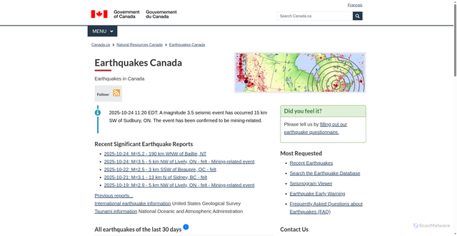 Security scan screenshot of https://www.earthquakescanada.nrcan.gc.ca/index-en.php
