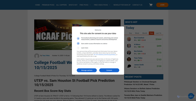 Security scan screenshot of https://www.tonyspicks.com/2025/10/14/free-college-football-picks-for-thursday-10-15-2025/