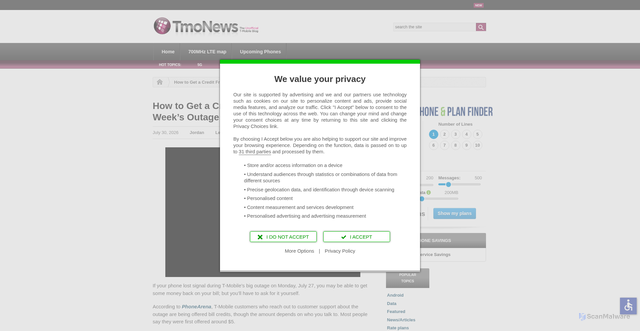 Security scan screenshot of https://www.tmonews.com/2026/07/how-to-get-a-credit-from-t-mobile-after-this-weeks-outage/