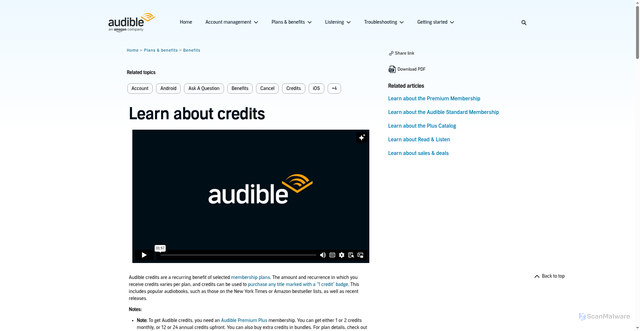Security scan screenshot of https://help.audible.com/s/article/learn-about-credits?language=en_US