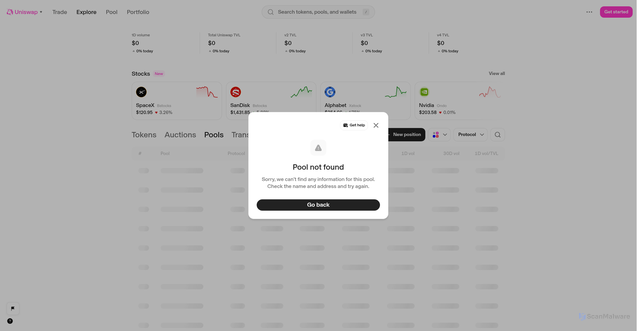 Security scan screenshot of http://web-testing-dev-entry-gateway-uniswap.vercel.app/explore/pools/ethereum/0x88e6A0c2dDD26FEEb64F039a2c41296FcB3f5640