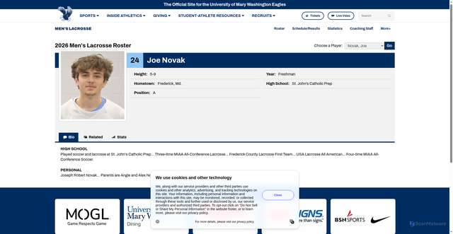 Security scan screenshot of https://umweagles.com/sports/mens-lacrosse/roster/joe-novak/17577