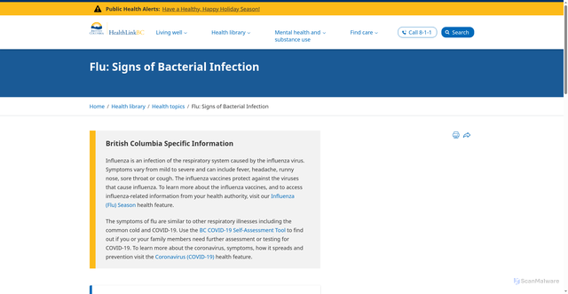 Security scan screenshot of https://www.healthlinkbc.ca/healthwise/flu-signs-bacterial-infection