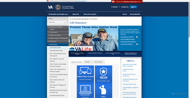 Security scan screenshot of https://www.benefits.va.gov/insurance/