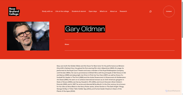 Security scan screenshot of https://www.bruford.ac.uk/graduate/graduate-profiles/gary-oldman/