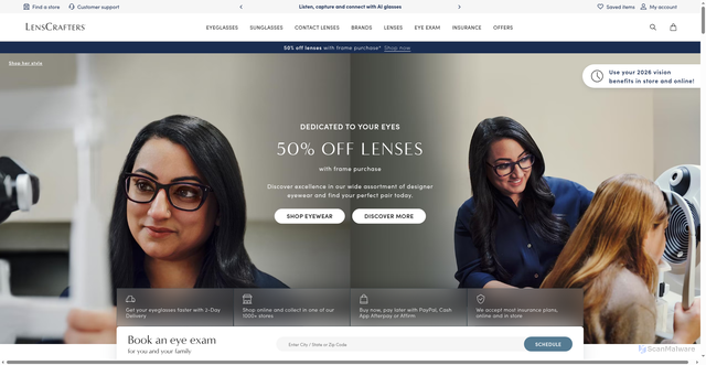 Security scan screenshot of https://www.lenscrafters.com
