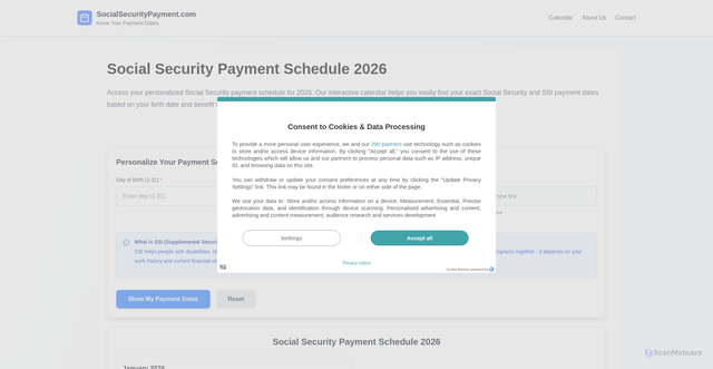 Security scan screenshot of https://www.socialsecuritypayment.com/2026