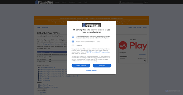 Security scan screenshot of https://www.pcgamingwiki.com/wiki/List_of_EA_Play_games