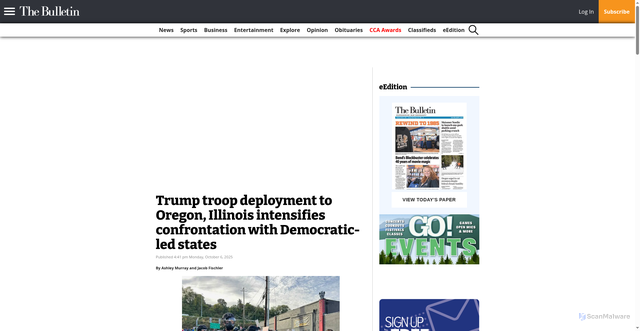 Security scan screenshot of https://bendbulletin.com/2025/10/06/trump-troop-deployment-to-oregon-illinois-intensifies-confrontation-with-democratic-led-states/