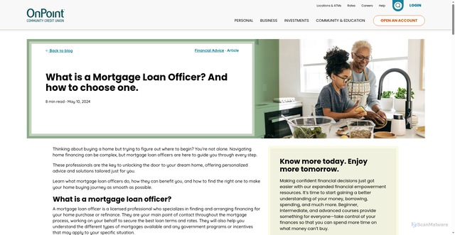 Security scan screenshot of https://www.onpointcu.com/blog/what-is-a-mortgage-loan-officer-and-how-to-choose-one/