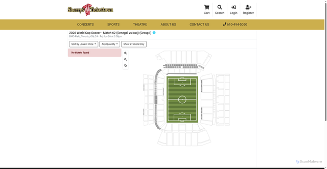 Security scan screenshot of https://www.sherrystickets.com/events/2795499/2026-world-cup-soccer-match-62-senegal-vs-iraq-group-i-tickets