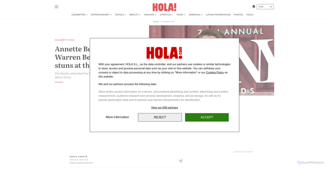 Security scan screenshot of https://www.hola.com/us/celebrities/20250611837348/annette-bening-warren-beatty-daughter-tony-awards/