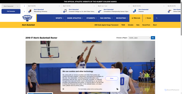 Security scan screenshot of https://hilberthawks.com/sports/mens-basketball/roster/jalen-smith/1717