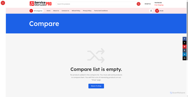 Security scan screenshot of https://servicemanualspro.com/compare/?product_id=13686