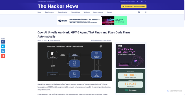 Security scan screenshot of https://thehackernews.com/2025/10/openai-unveils-aardvark-gpt-5-agent.html